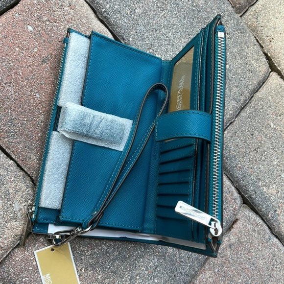 Michael Kors Large Double Zip Leather Wallet Wristlet Phone Case Lagoon - Picture 8 of 16